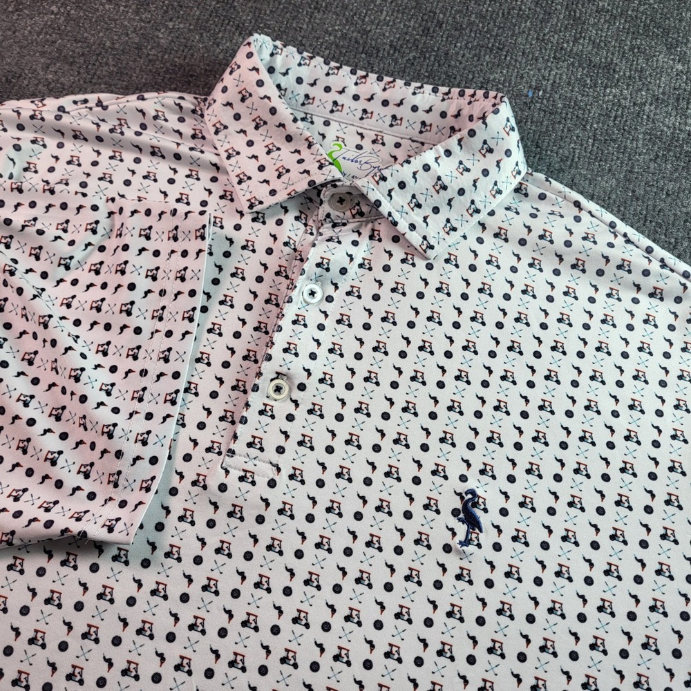 TailorByrd Mens XL Golf Polo Shirt White Golf Cart Novelty Print Performance XL